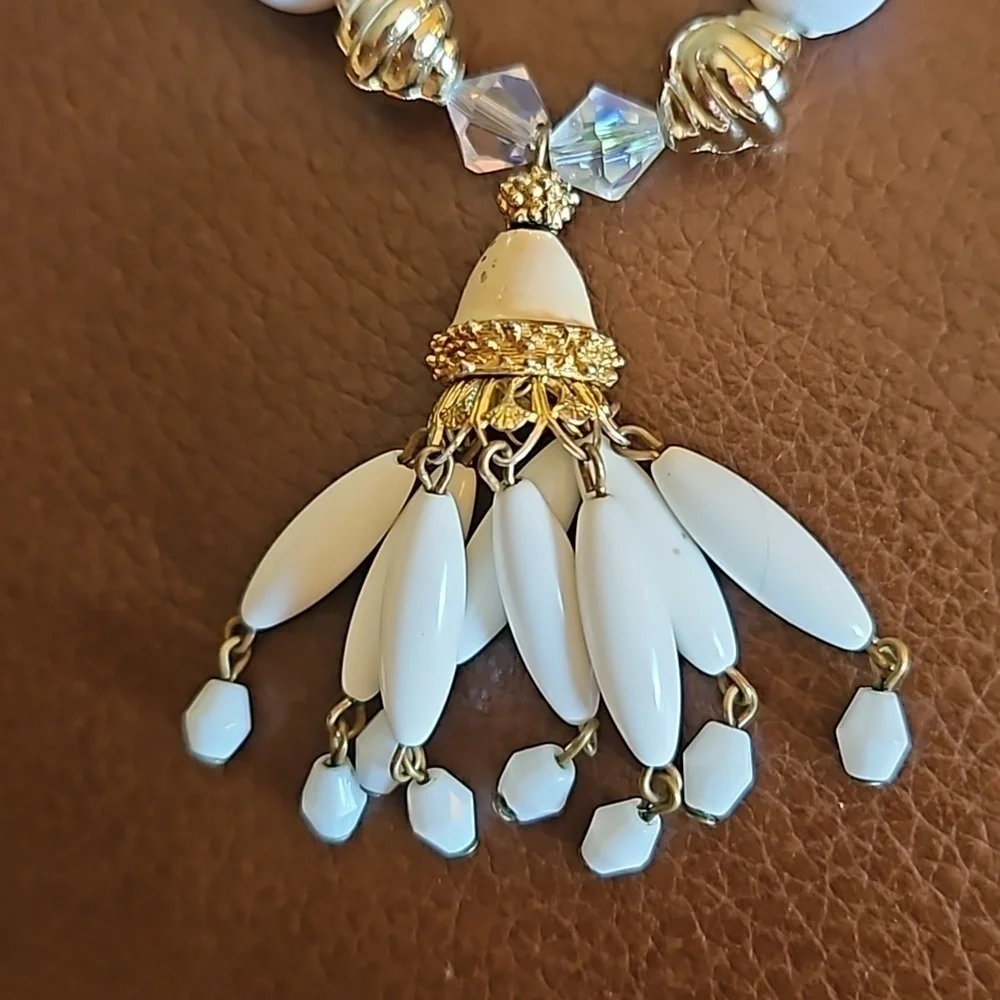 Vintage 1960s White Acrylic Aurora Borealis Crystal Beaded Tassel Necklace